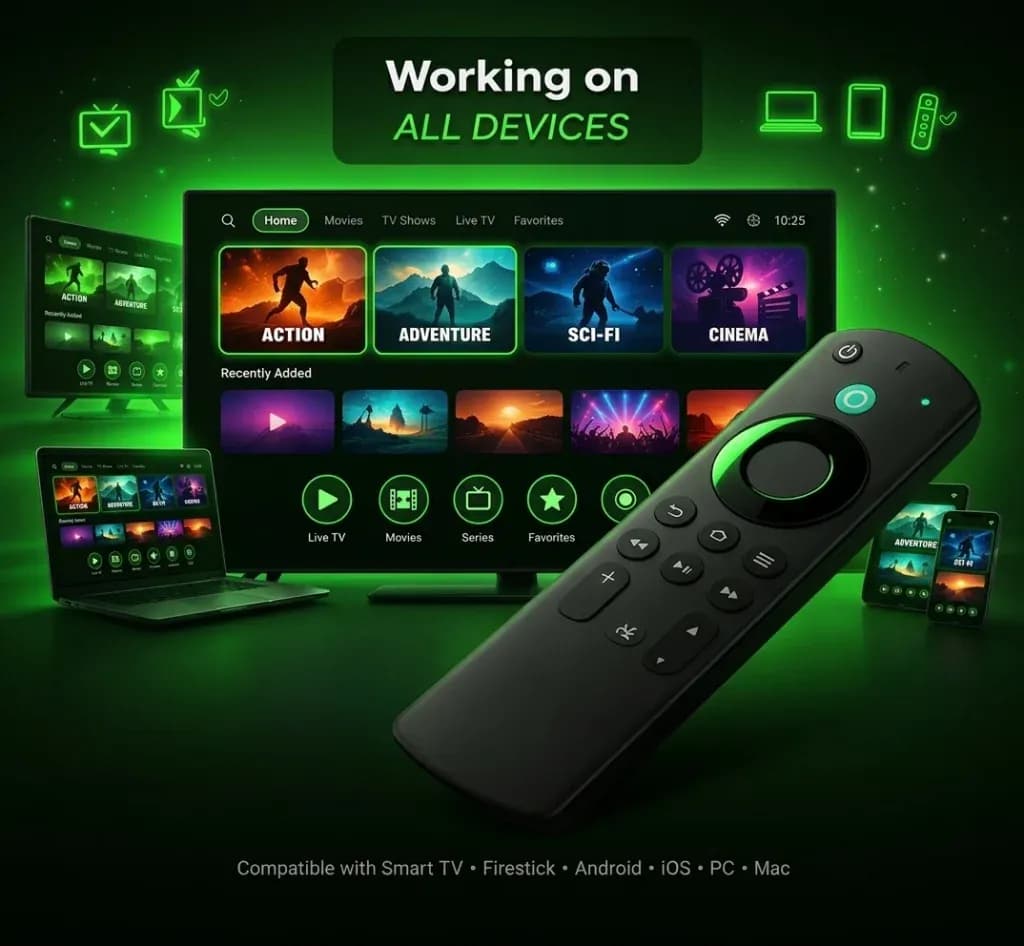Zyminex IPTV working on a TV, laptop, tablet and phone with a streaming remote